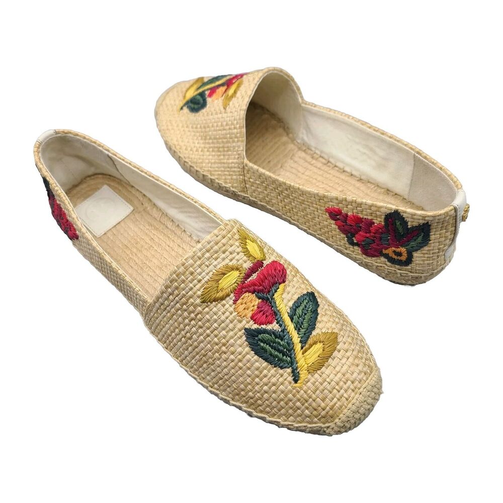Tory Burch Sz 11 Women Raffia Flat Espadrilles Shoes Straw Natural Flower New